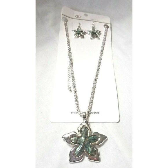 Necklace & Earrings Set Silver Natural Abalone Shell Starfish/Flower Statement - Picture 1 of 5